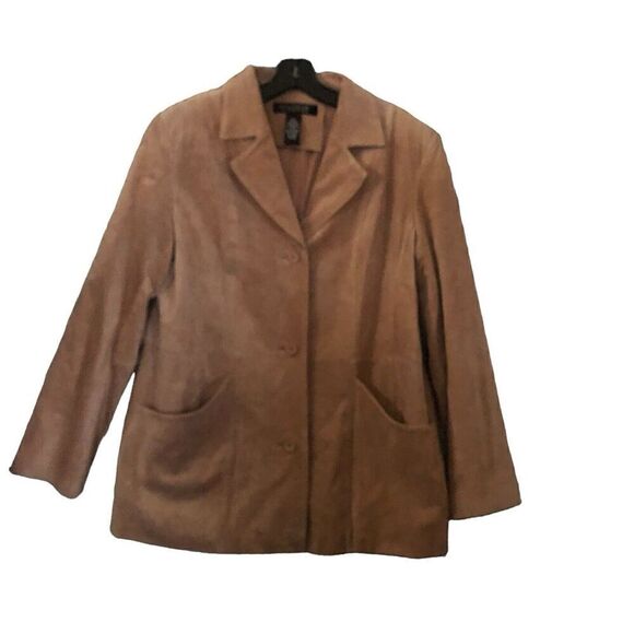 DIALOGUE WOMEN'S SUEDE LEATHER JACKET TAN 3-BUTTON FRONT LARGE - Picture 1 of 10